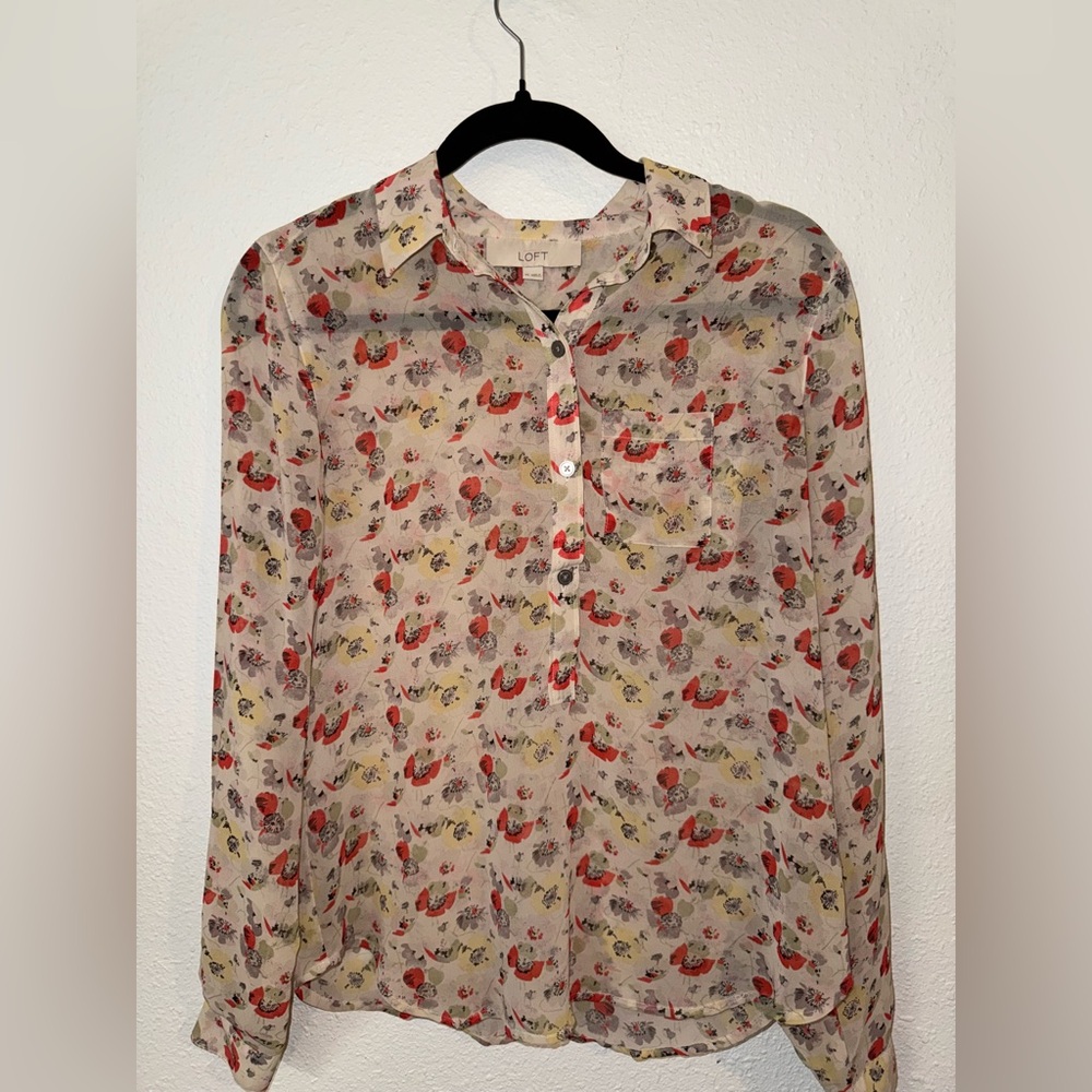 LOFT Cream Floral Blouse with Red Accents